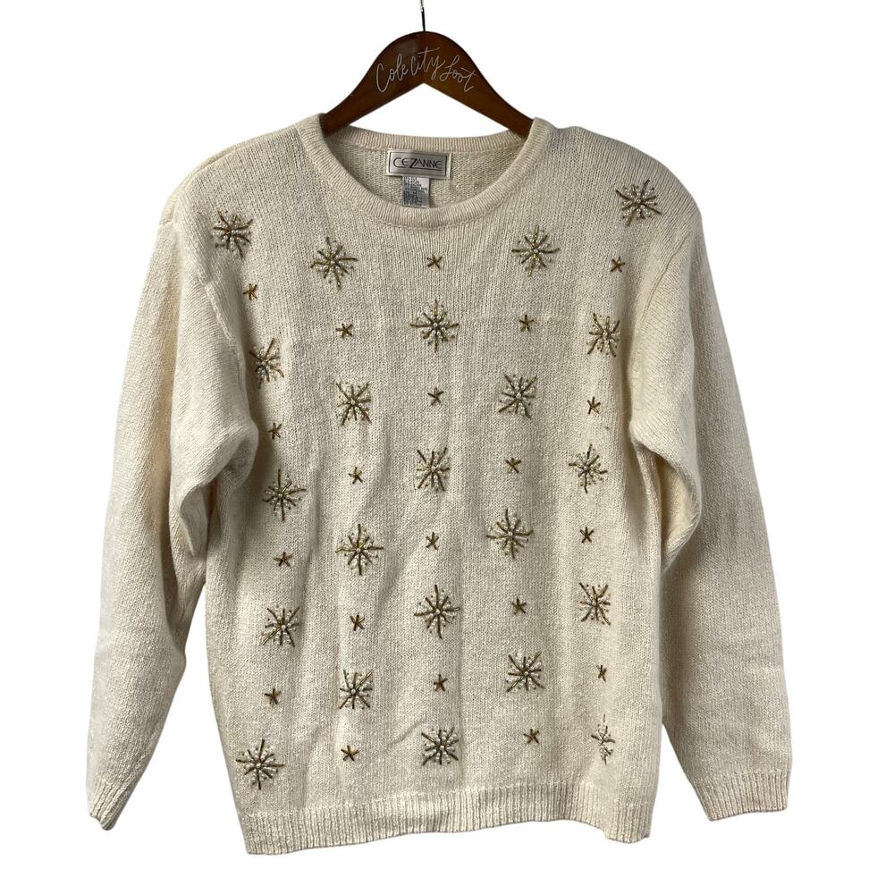 Not So Ugly Christmas Sweater Ivory Gold Beaded Snowflakes Angora Blend Cezanne